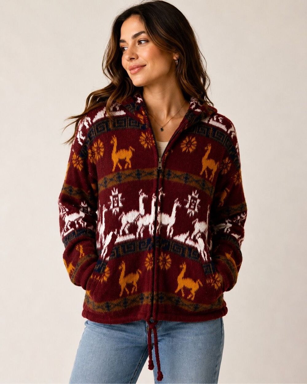 Vintage Tejidos Llama Wool Hooded Zip Sweater Maroon Boho Small
